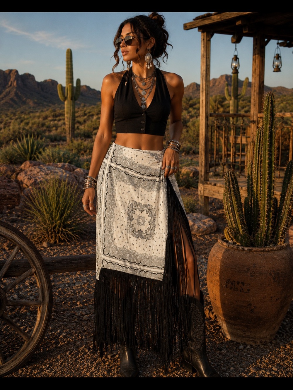 Reserved Black Crop Halter Top with Black & White Fringe Bandana Maxi Skirt